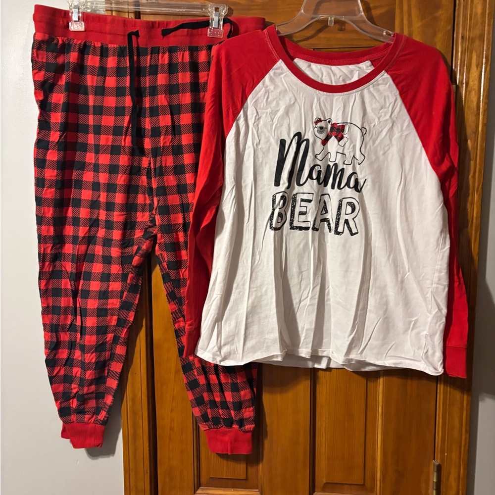 Cuddl Duds Red Plaid Pajama Set with Mama Bear Top